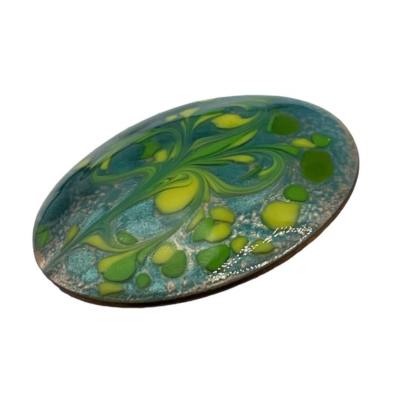 Vintage MCM Inga Green Yellow Abstract Flower Enamel on Copper Round Brooch Pin - Picture 5 of 7